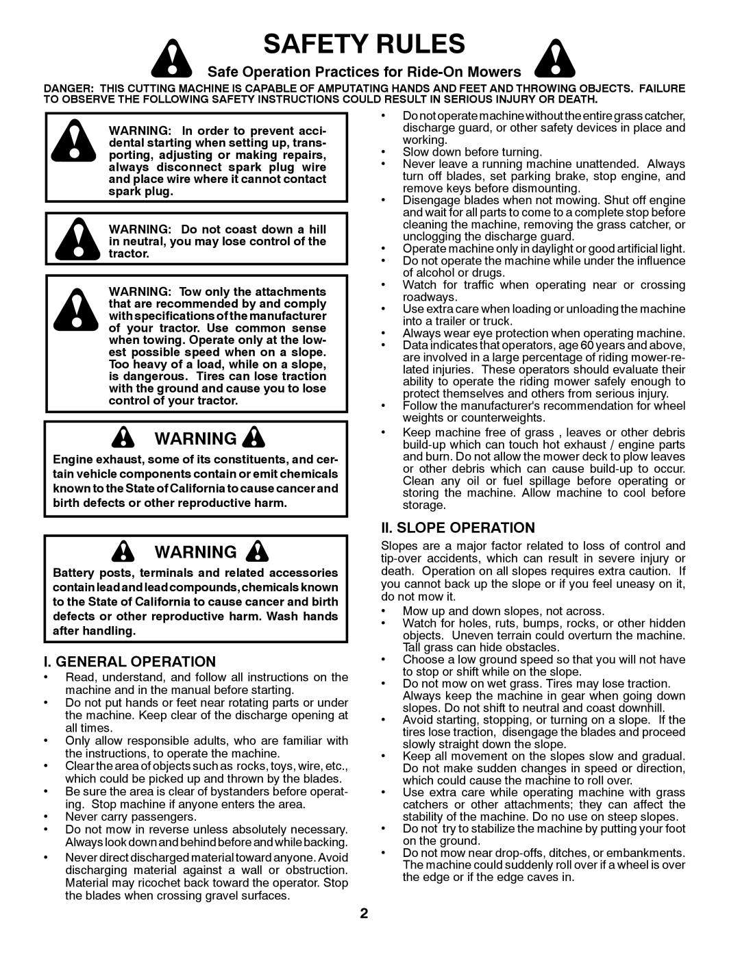 Poulan 96012008600 Safety Rules, Safe Operation Practices for Ride-OnMowers, I. General Operation, Ii. Slope Operation 