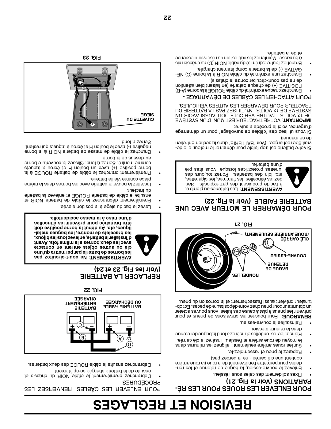 Poulan 96012008600 manual 24 et 23 .Fig les Voir, Batterie La Replacer, Reglages Et Revision, 23 .FIG, 22 .FIG, 21 .FIG 