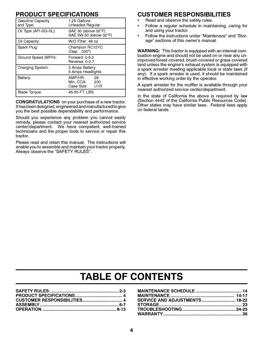 Poulan 96012008600 manual Table Of Contents, Product Specifications, Customer Responsibilities 