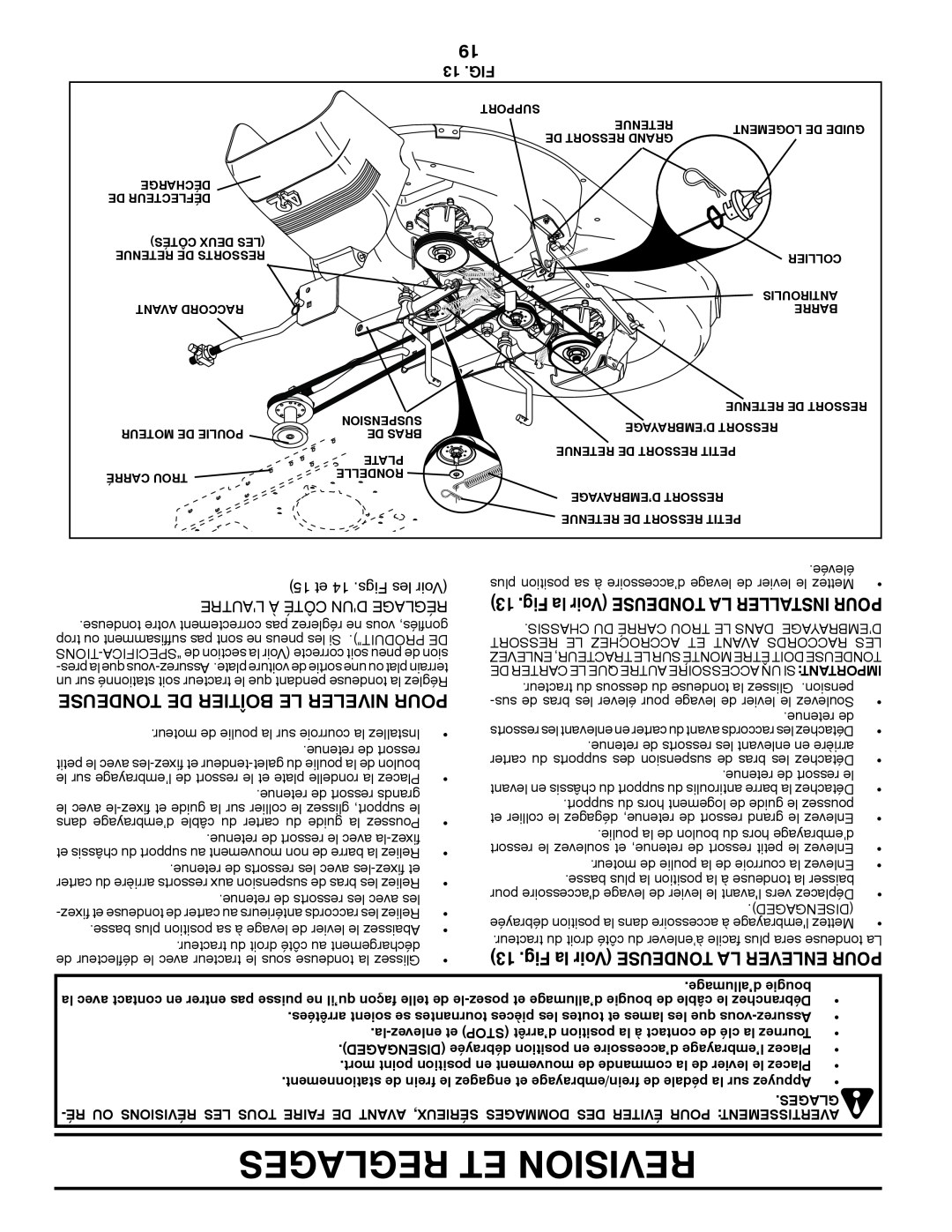 Poulan 96012008600 manual Tondeuse De Boîtier Le Niveler Pour, Reglages Et Revision, Fig la Voir TONDEUSE LA INSTALLER POUR 