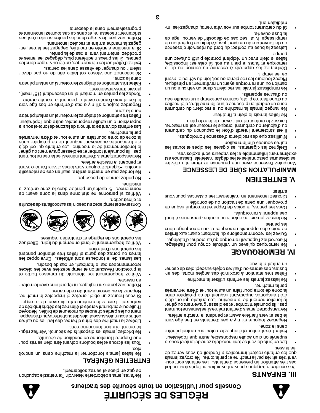 Poulan 96012008600 manual Sécurité De Règles, Remorquage, Enfants, Général Entretien, tracteurs des sécurité toute 