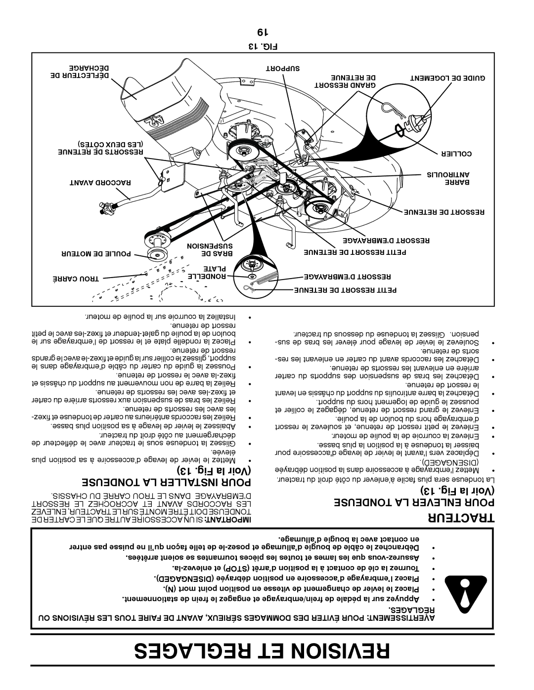 Poulan 96012009000 manual Reglages ET Revision, Tracteur, Fig la Voir Tondeuse LA Installer Pour, Tondeuse LA Enlever Pour 