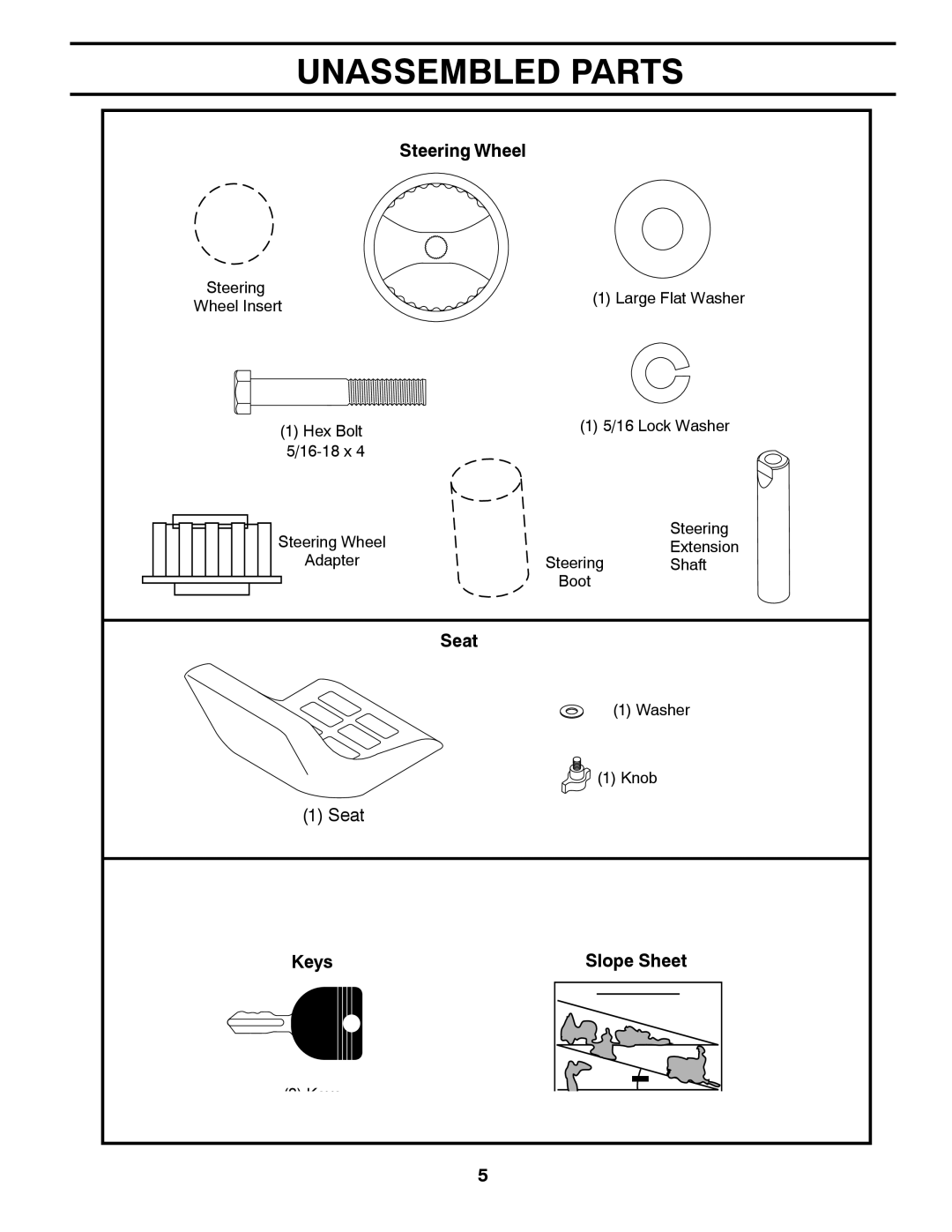 Poulan 433473, 96012010700 manual Unassembled Parts, Steering Wheel, Seat, Keys 