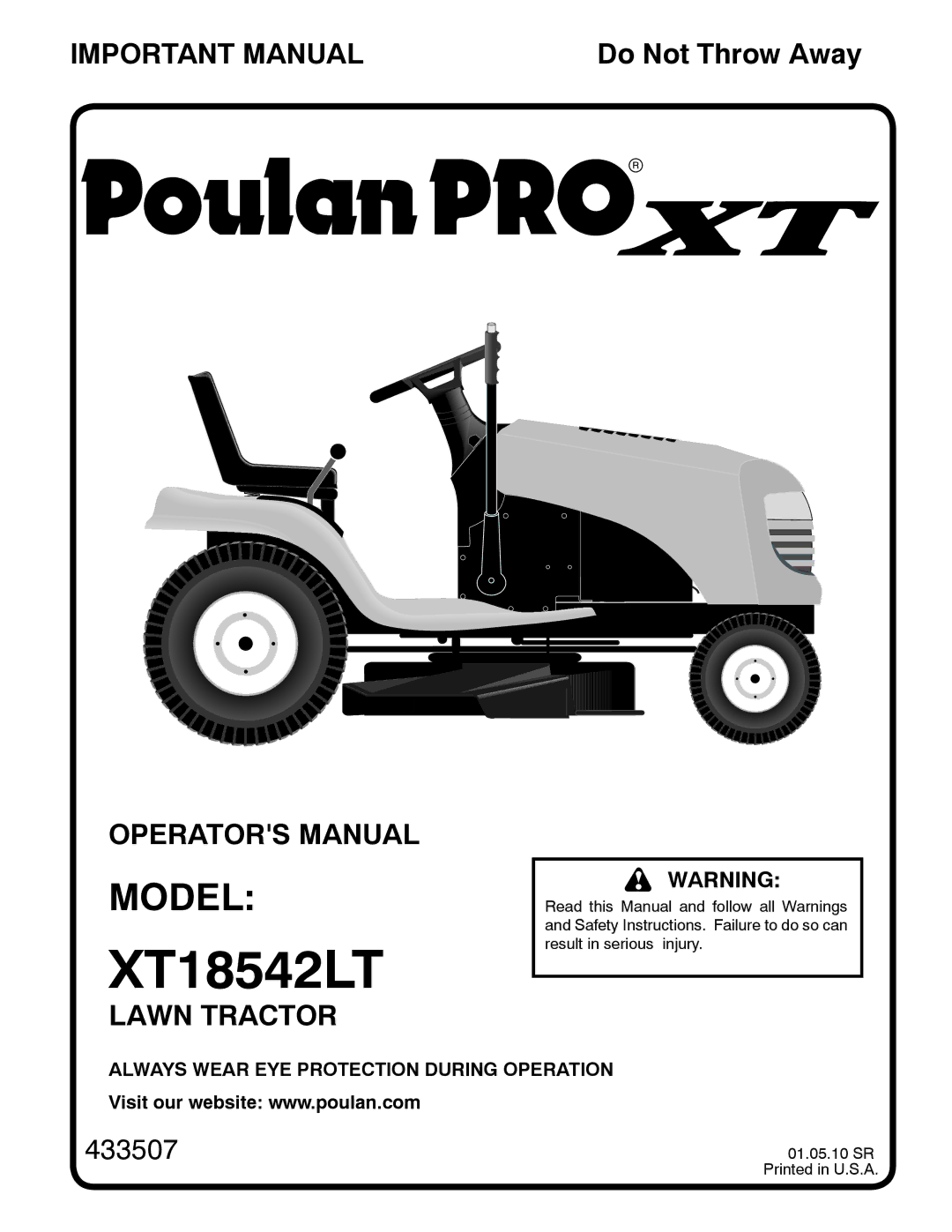 Poulan 433507, 96012010900 manual XT18542LT 