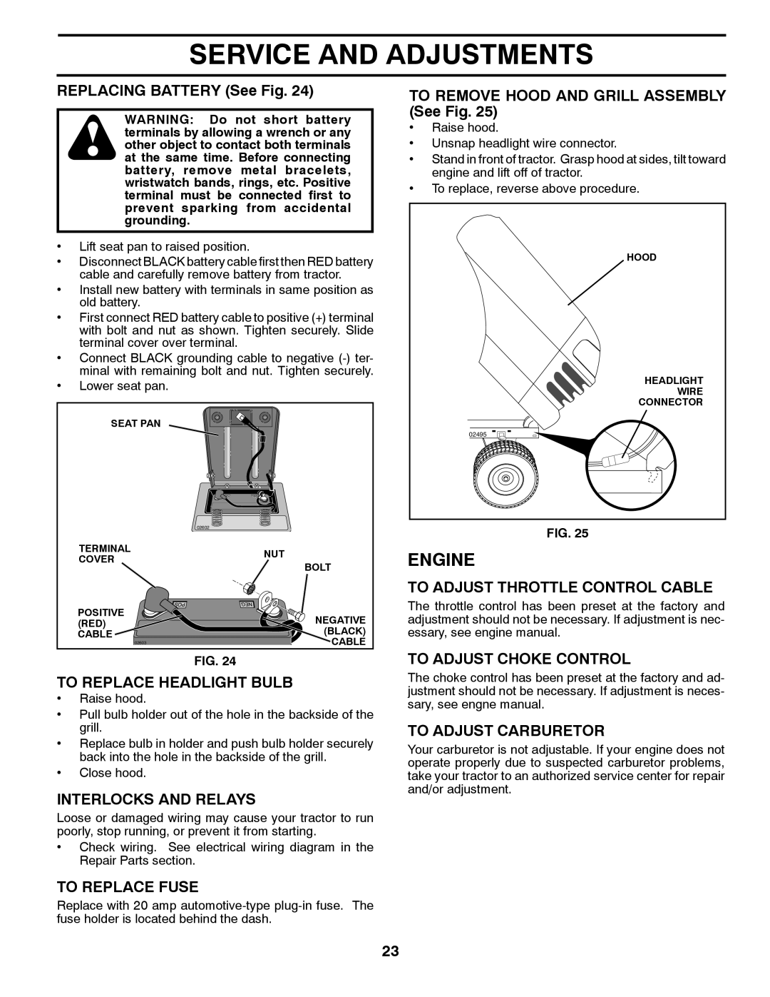 Poulan 433507 manual To Replace Headlight Bulb, Interlocks and Relays, To Replace Fuse, To Adjust Throttle Control Cable 