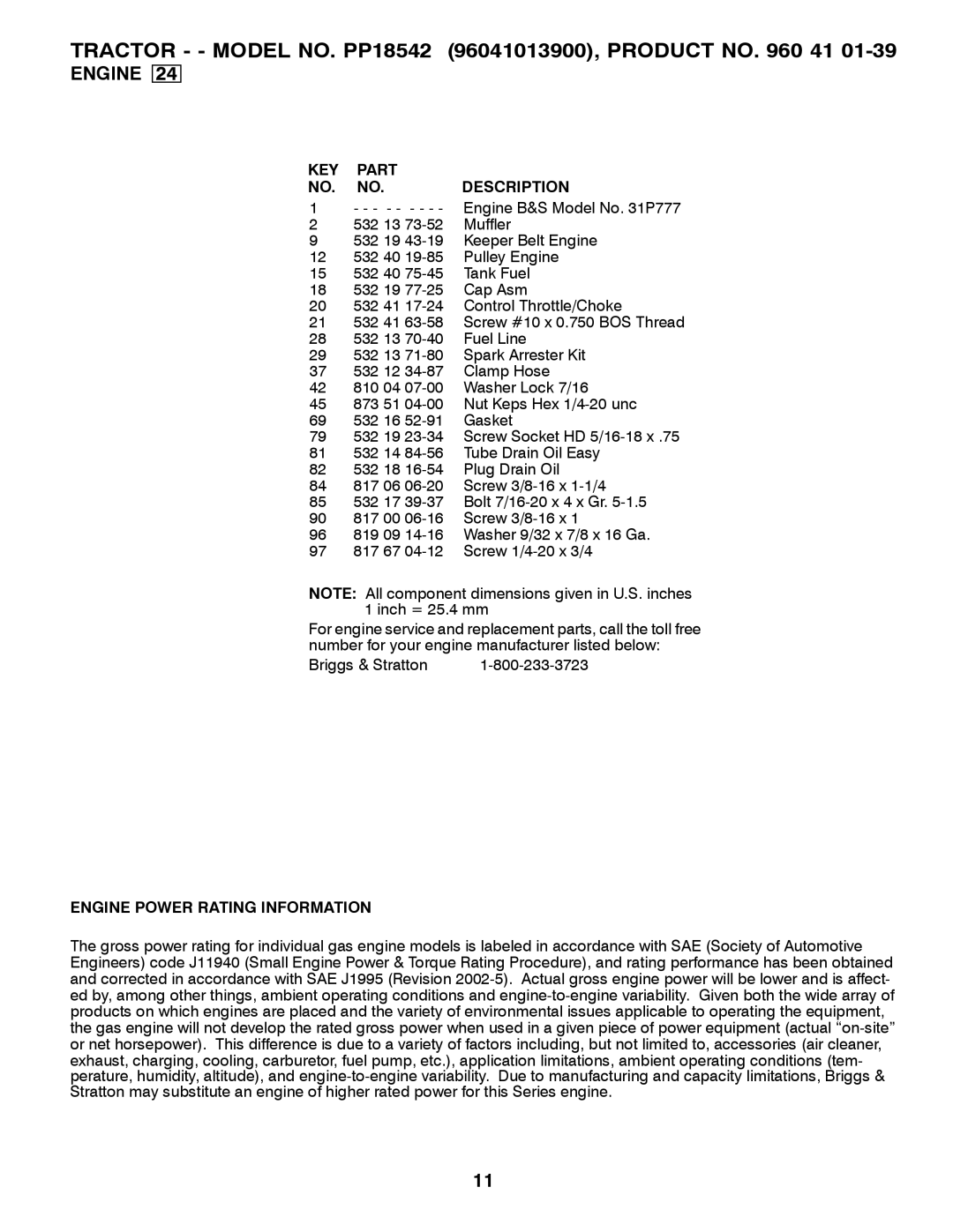 Poulan 960 41 01-39, 96041013900 manual Engine Power Rating Information 