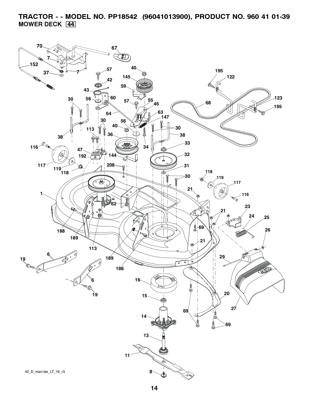 Poulan manual Mower Deck, TRACTOR - - MODEL NO. PP18542 96041013900, PRODUCT NO. 960 41, 122 123, 42Dman-texLT16r3 