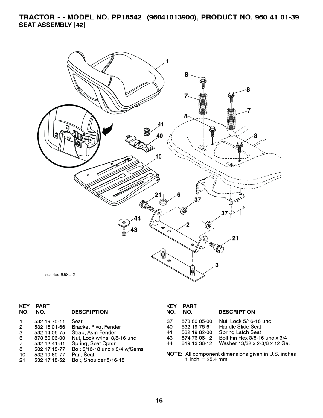 Poulan manual Seat Assembly, 532 19, TRACTOR - - MODEL NO. PP18542 96041013900, PRODUCT NO. 960 41, Part, Description 
