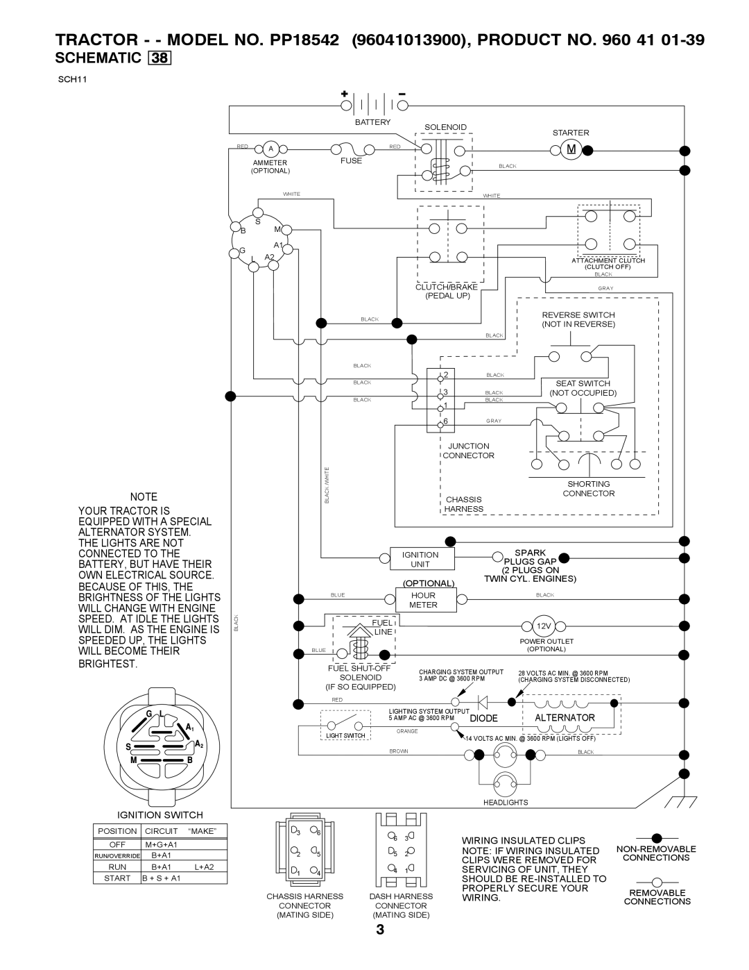 Poulan 960 41 01-39 manual Schematic, TRACTOR - - MODEL NO. PP18542 96041013900, PRODUCT NO. 960 41, Diode, Ignition Switch 