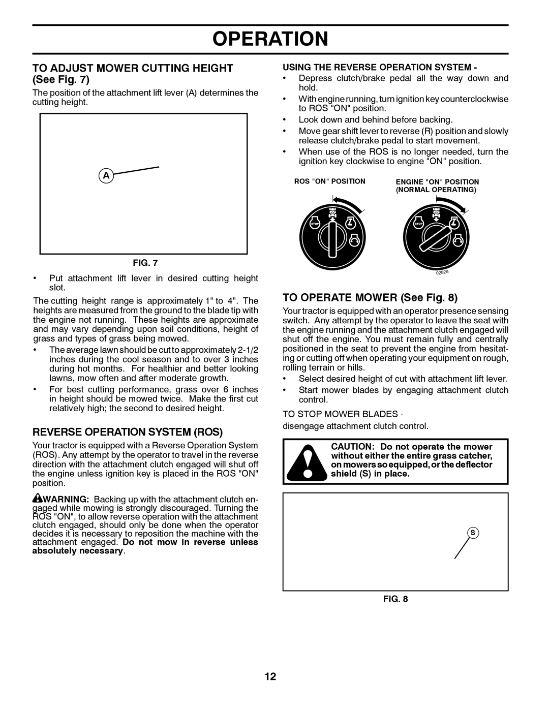 Poulan 96042002400 To Adjust Mower Cutting Height See Fig, Reverse Operation System ROS, To Operate Mower See Fig 