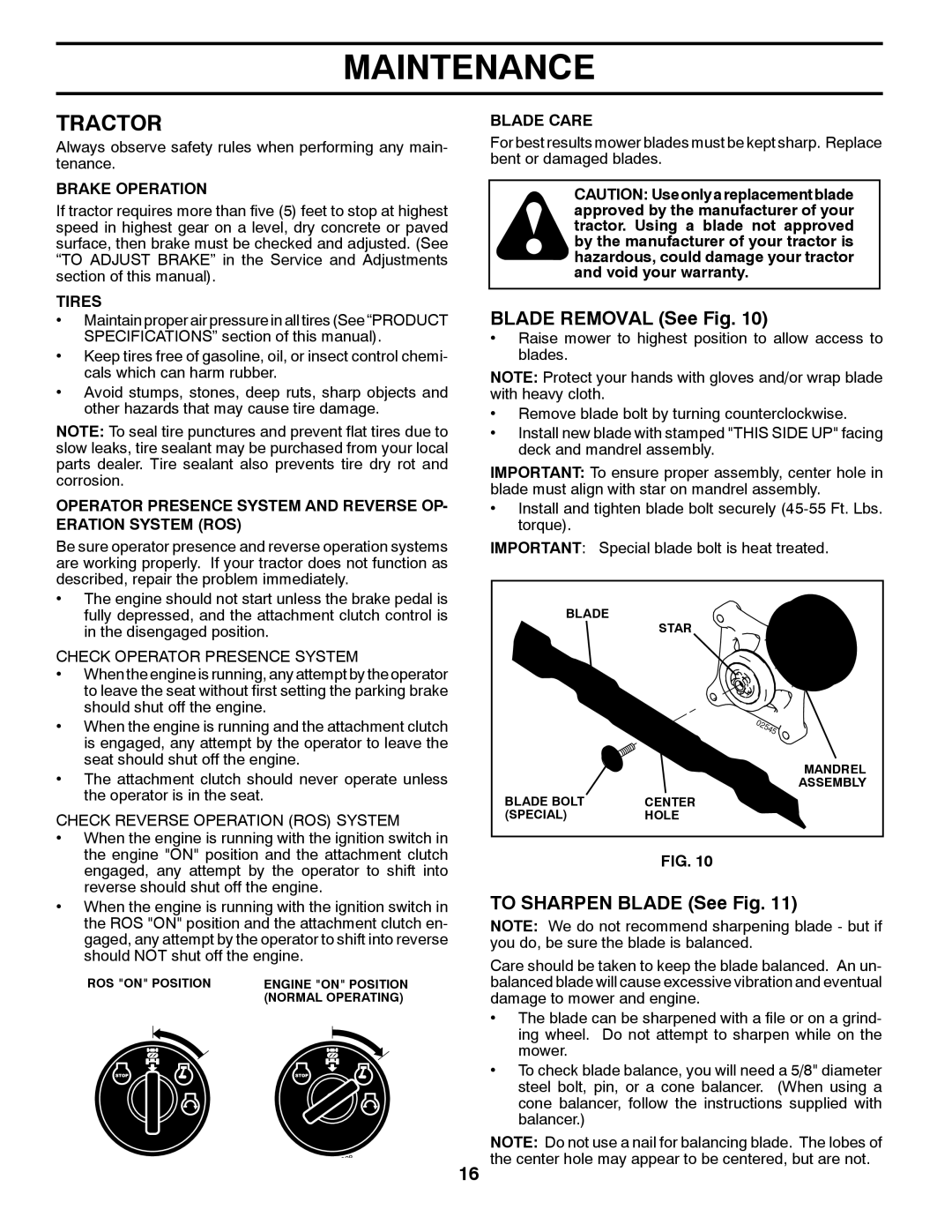 Poulan 96042002400 owner manual Tractor, Blade Removal See Fig, To Sharpen Blade See Fig 