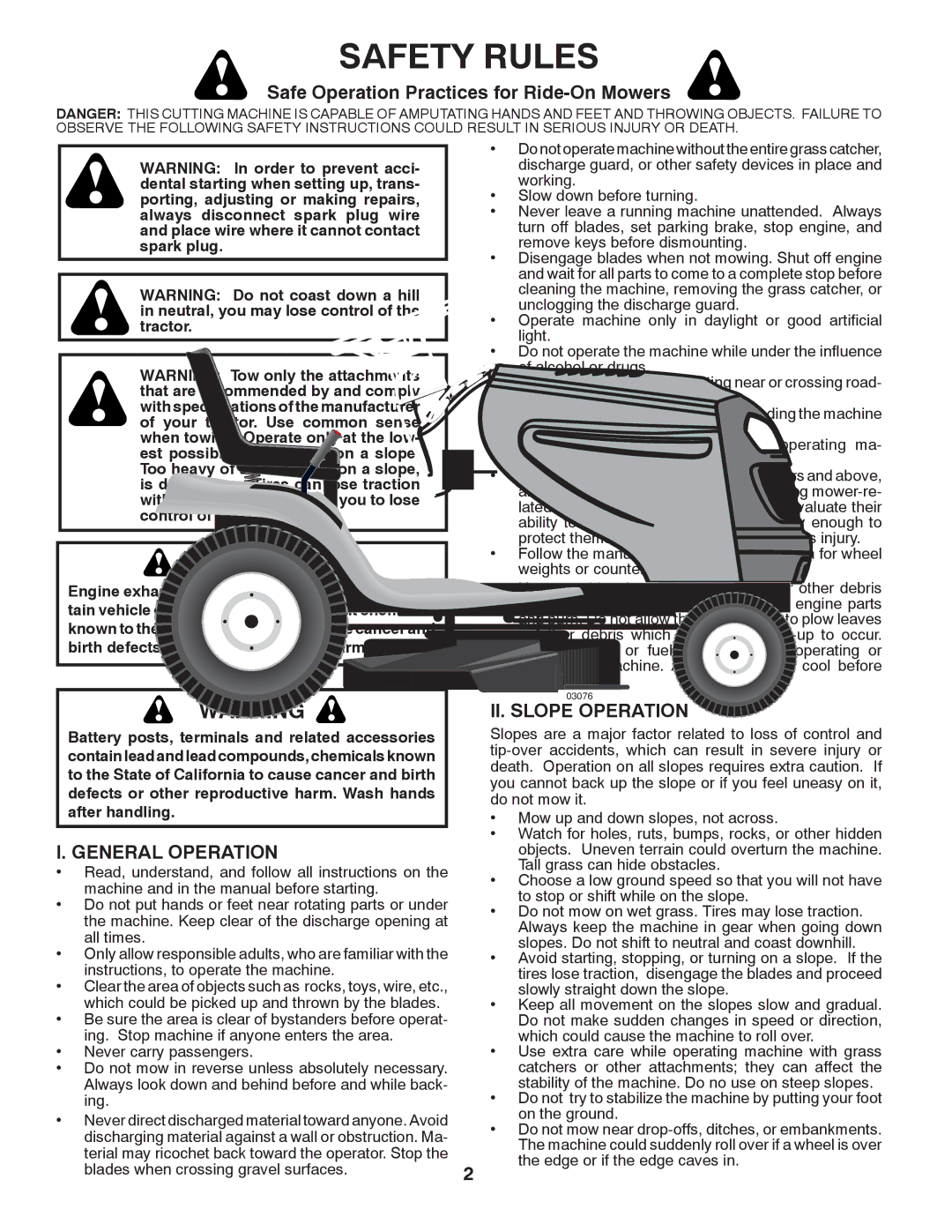 Poulan 96042002400 Safety Rules, Safe Operation Practices for Ride-On Mowers, General Operation, II. Slope Operation 