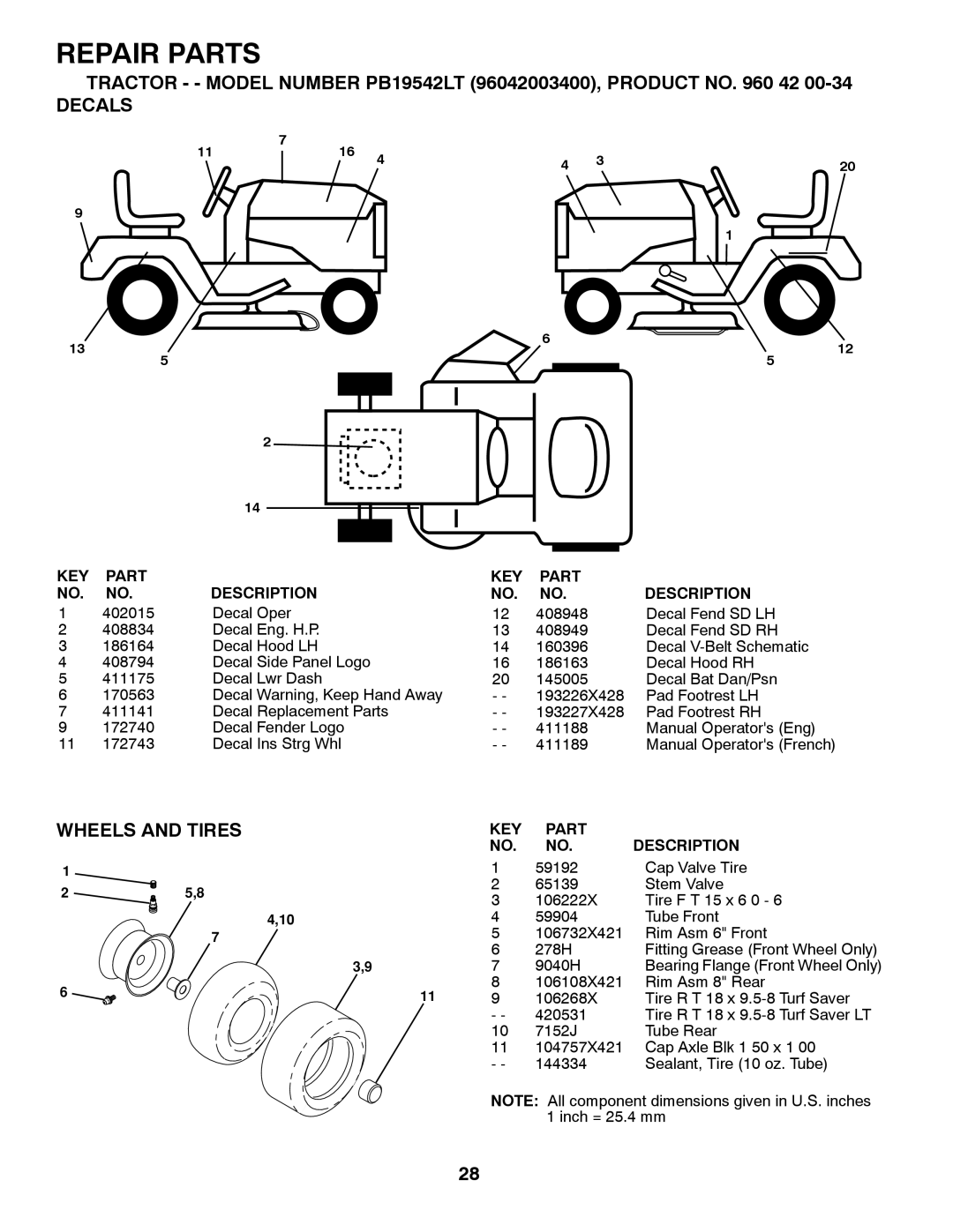 Poulan 96042002400 owner manual Tractor - Model Number PB19542LT 96042003400, Product no 42, Decals, Wheels and Tires 