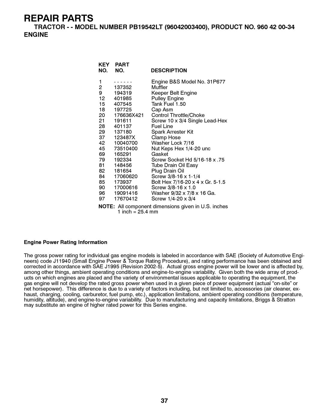 Poulan 96042002400 owner manual Engine Power Rating Information 