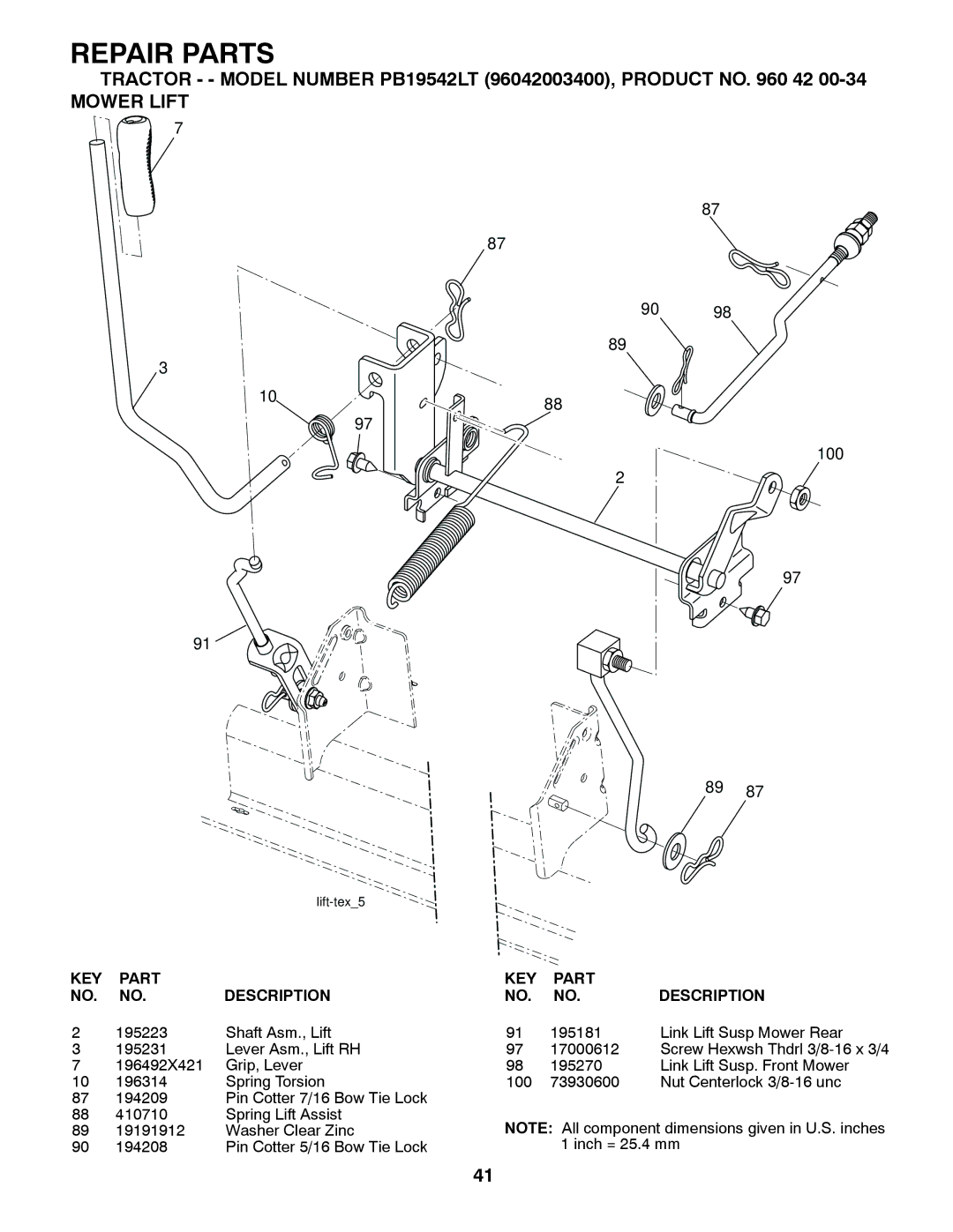 Poulan 96042002400 owner manual Mower Lift, 9098 100 