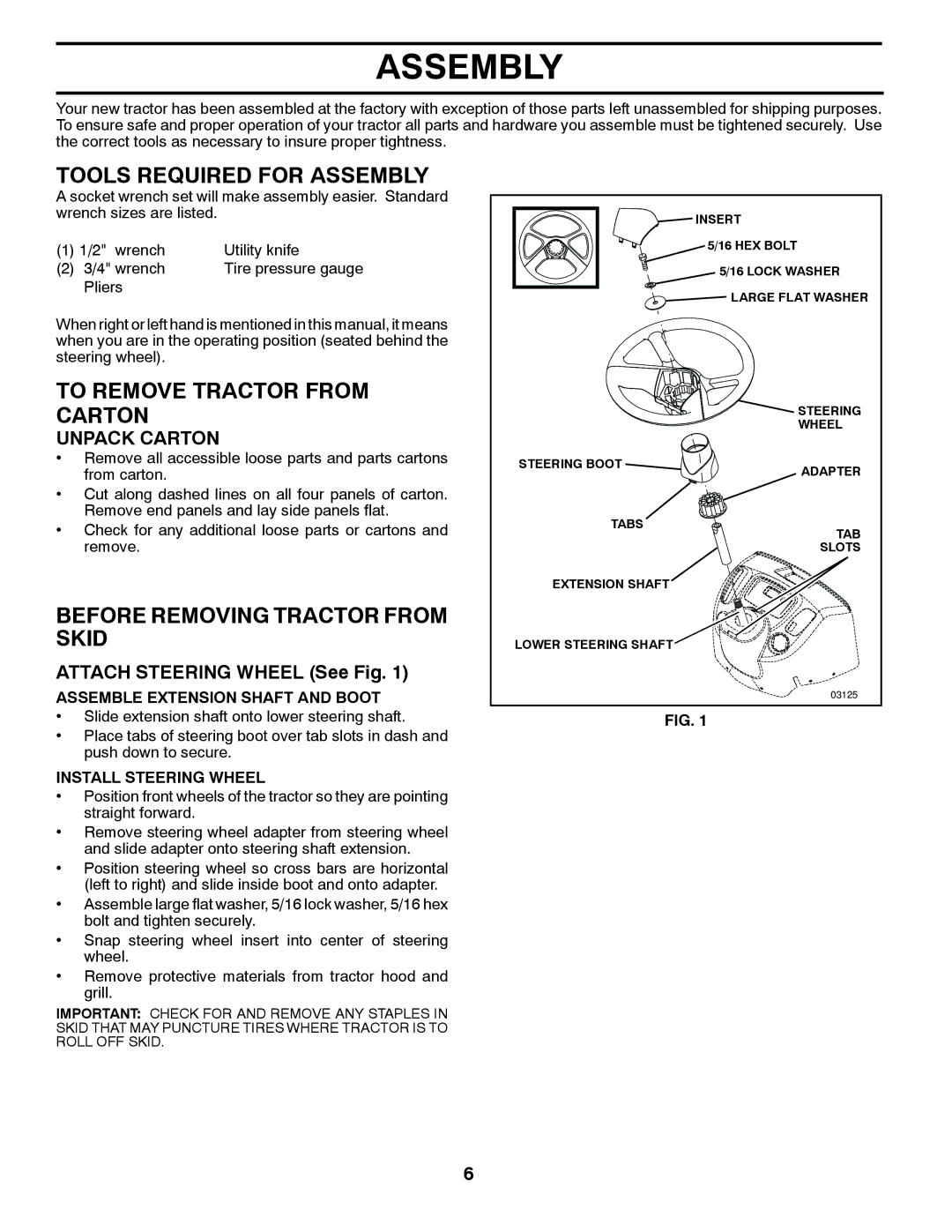 Poulan 96042002400 Tools Required for Assembly, To Remove Tractor from Carton, Before Removing Tractor from Skid 