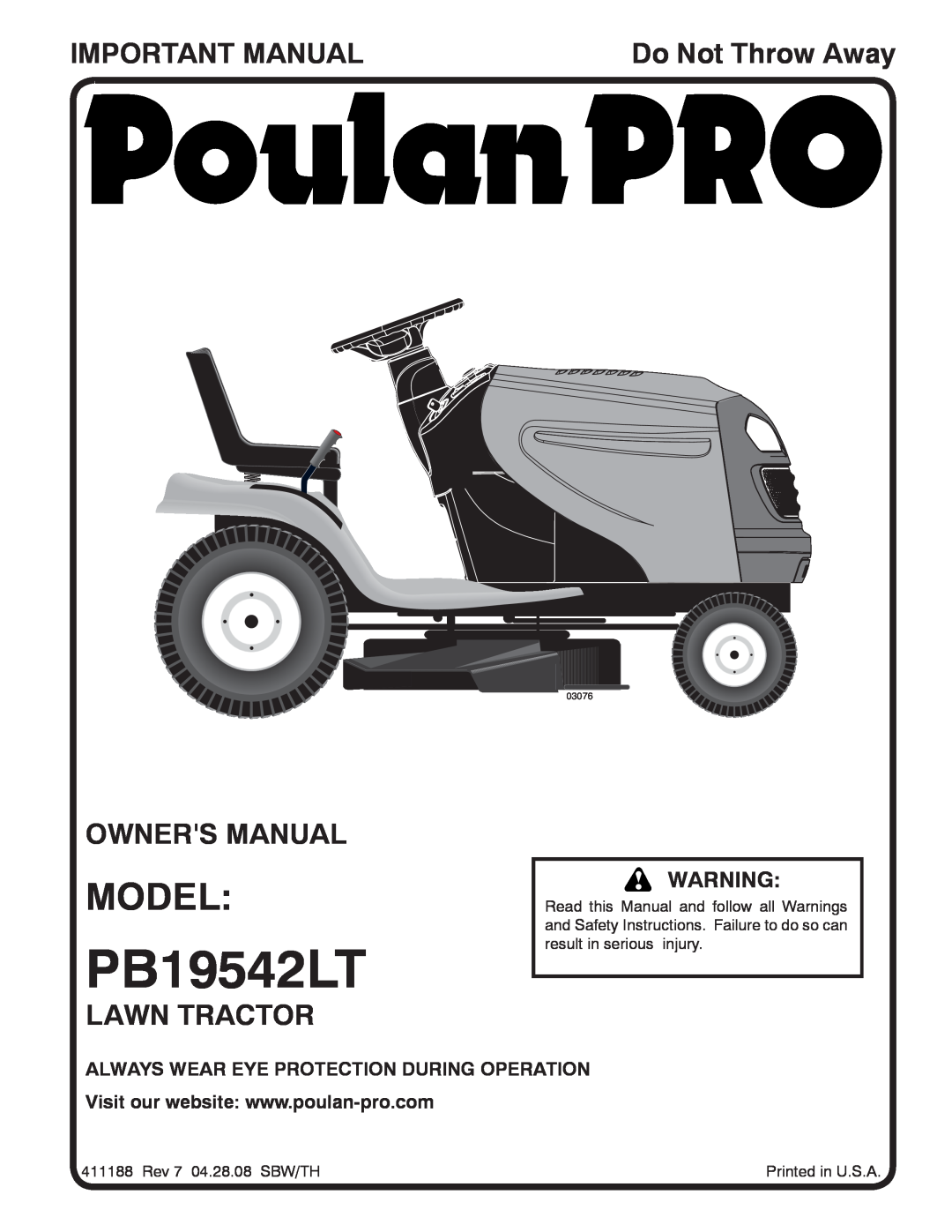 Poulan 96042002400 owner manual Model, Important Manual, Owners Manual, Lawn Tractor, PB19542LT, Do Not Throw Away 