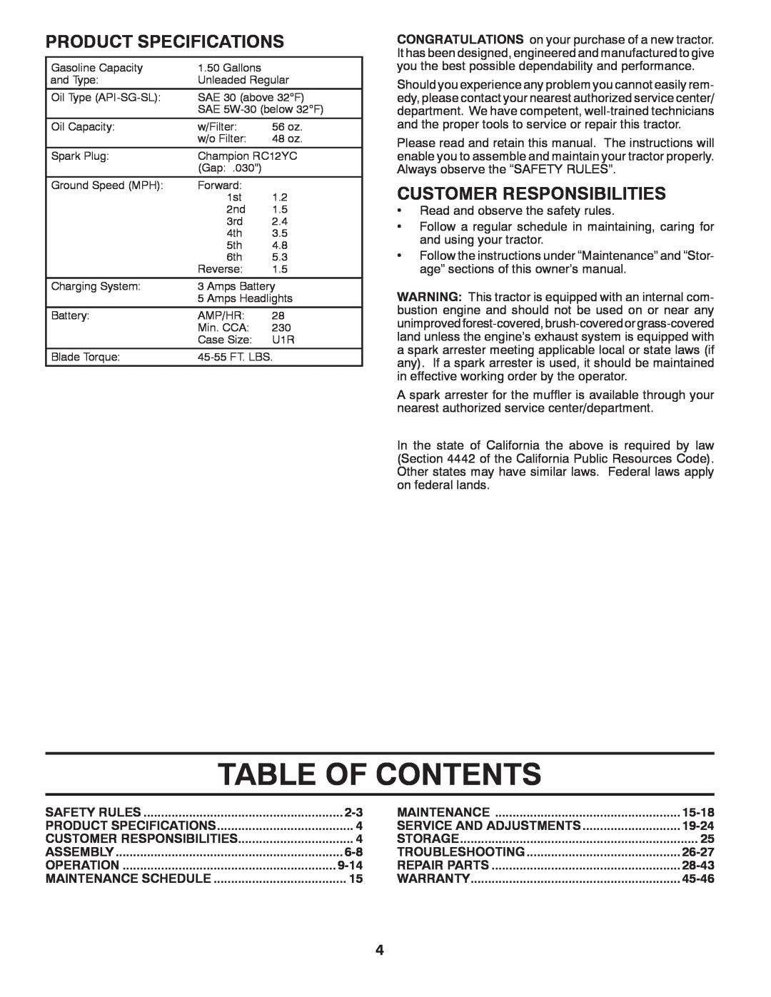 Poulan 96042002400 Table Of Contents, Product Specifications, Customer Responsibilities, 9-14, 15-18, 19-24, 26-27, 28-43 