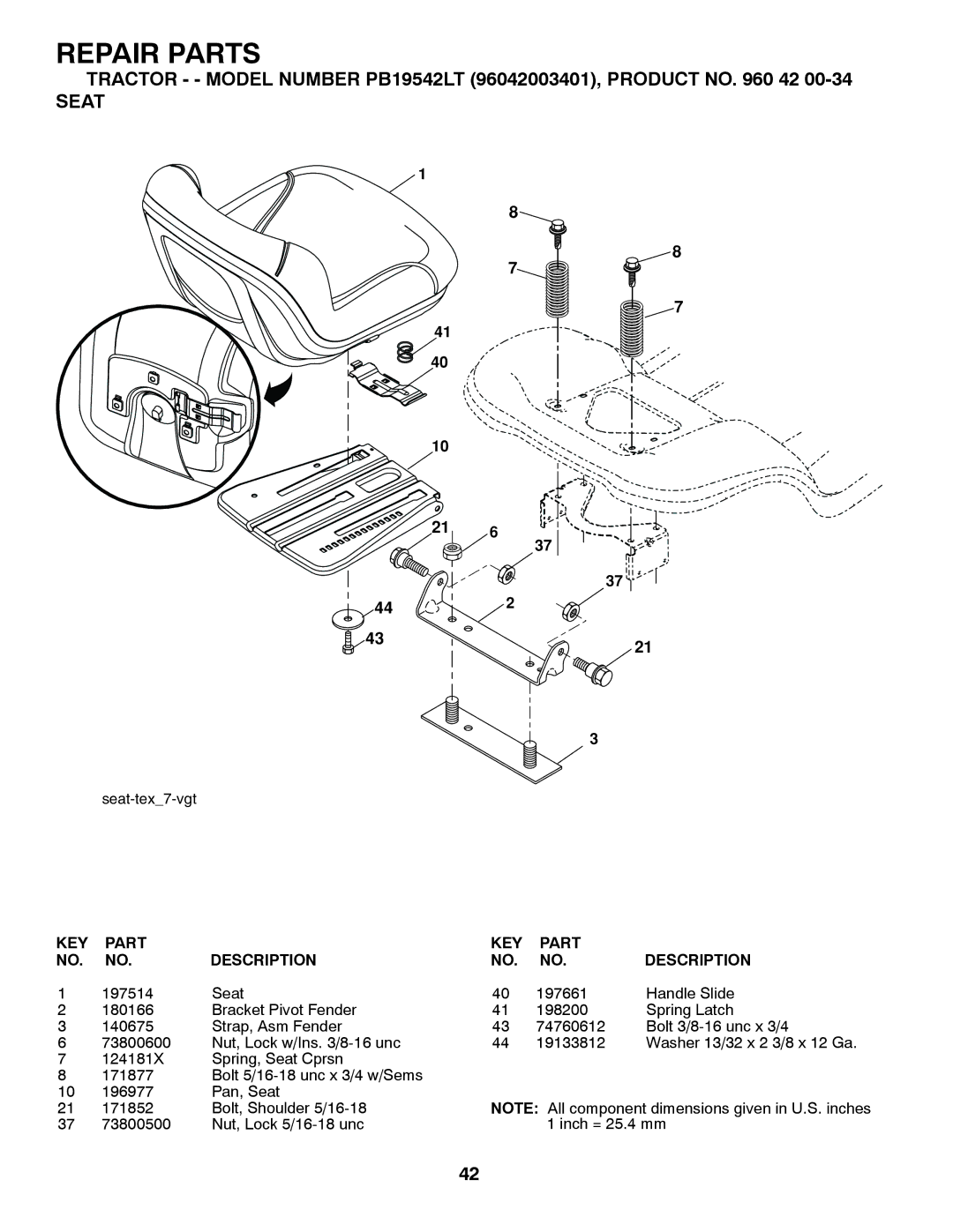 Poulan 96042003401, 413420 owner manual Seat 