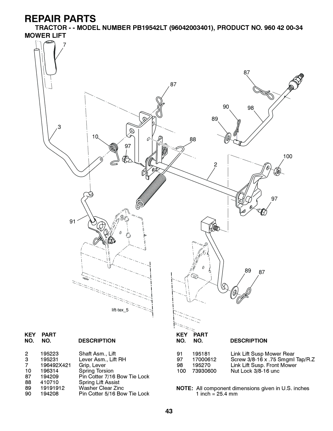 Poulan 413420, 96042003401 owner manual Mower Lift, 9098 100 