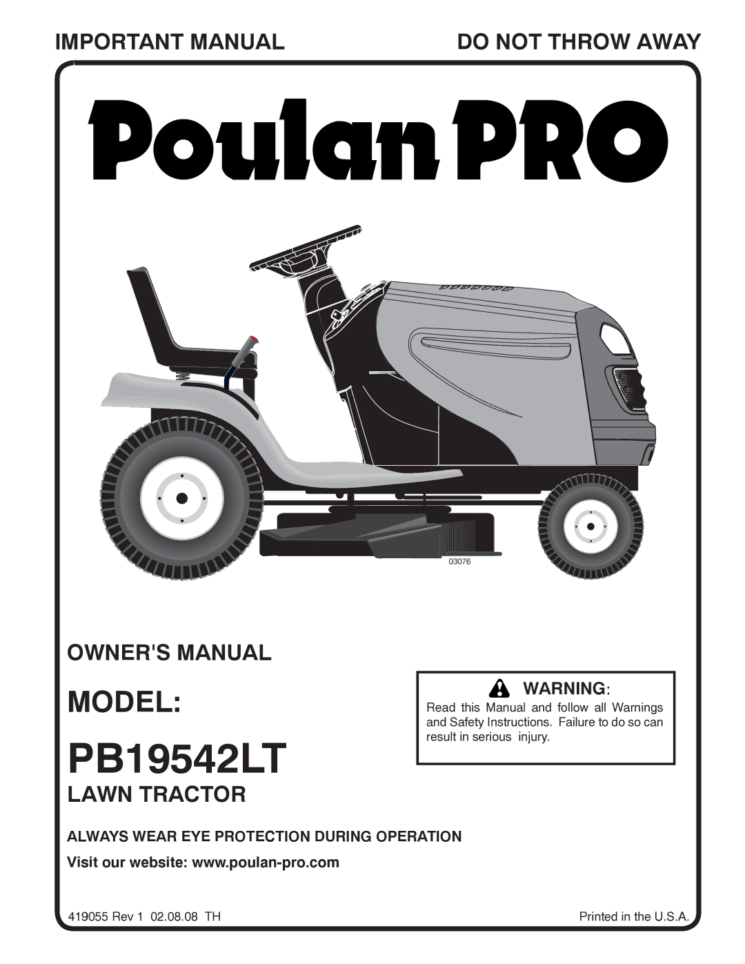 Poulan 419055, 96042003402 owner manual PB19542LT, Model 