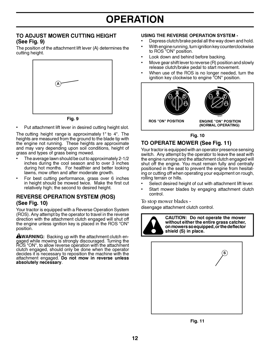 Poulan 96042003402 To Adjust Mower Cutting Height See Fig, Reverse Operation System ROS See Fig, To Operate Mower See Fig 