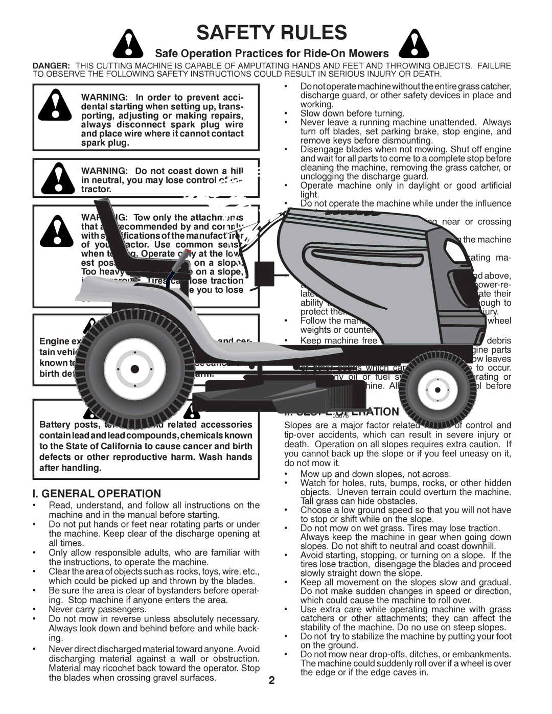 Poulan 96042003402 Safety Rules, Safe Operation Practices for Ride-On Mowers, General Operation, II. Slope Operation 