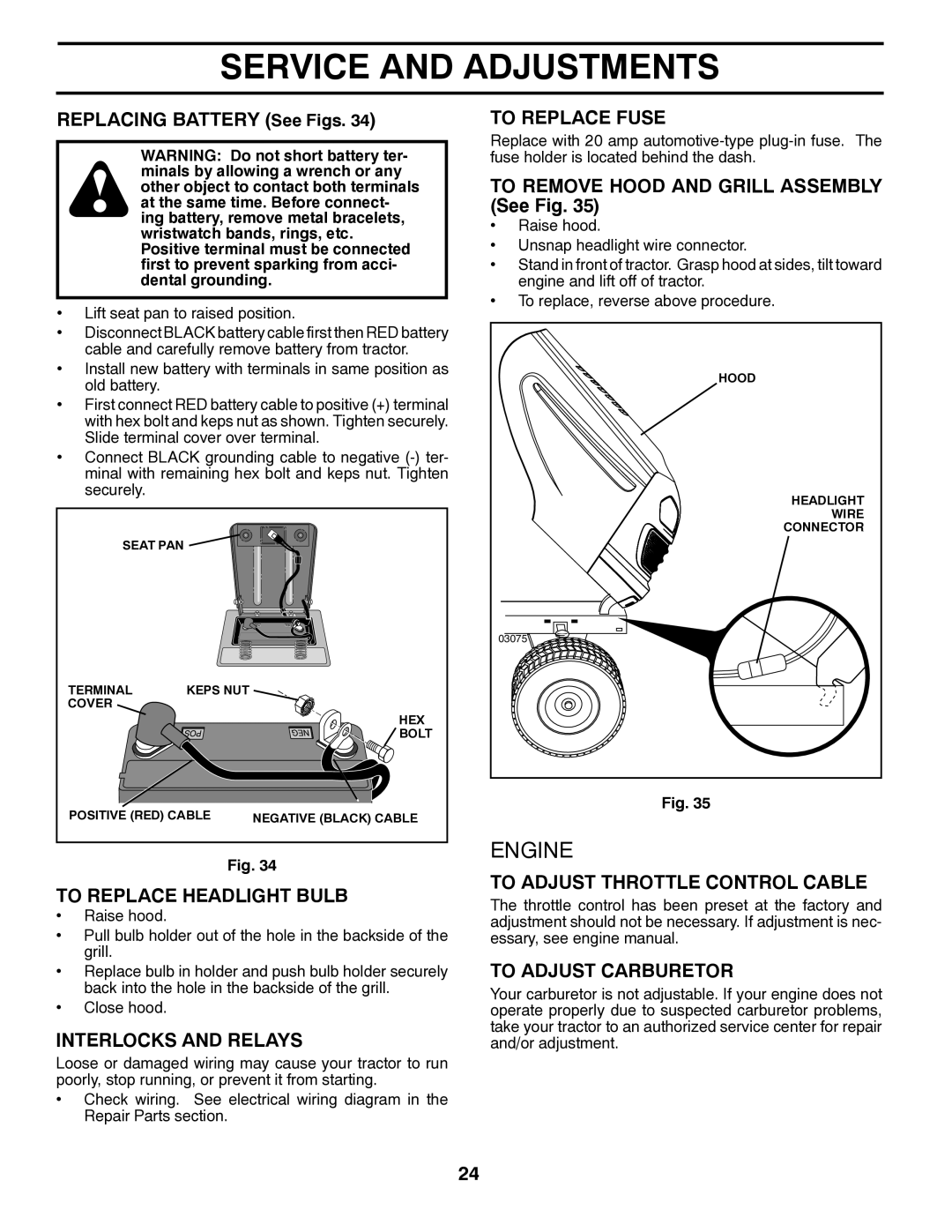 Poulan 96042003402 To Replace Headlight Bulb, Interlocks and Relays, To Replace Fuse, To Adjust Throttle Control Cable 