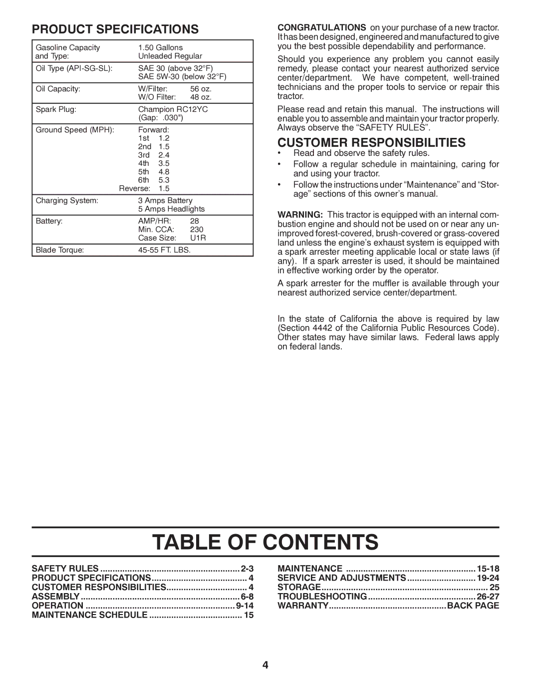 Poulan 96042003402, 419055 owner manual Table of Contents 