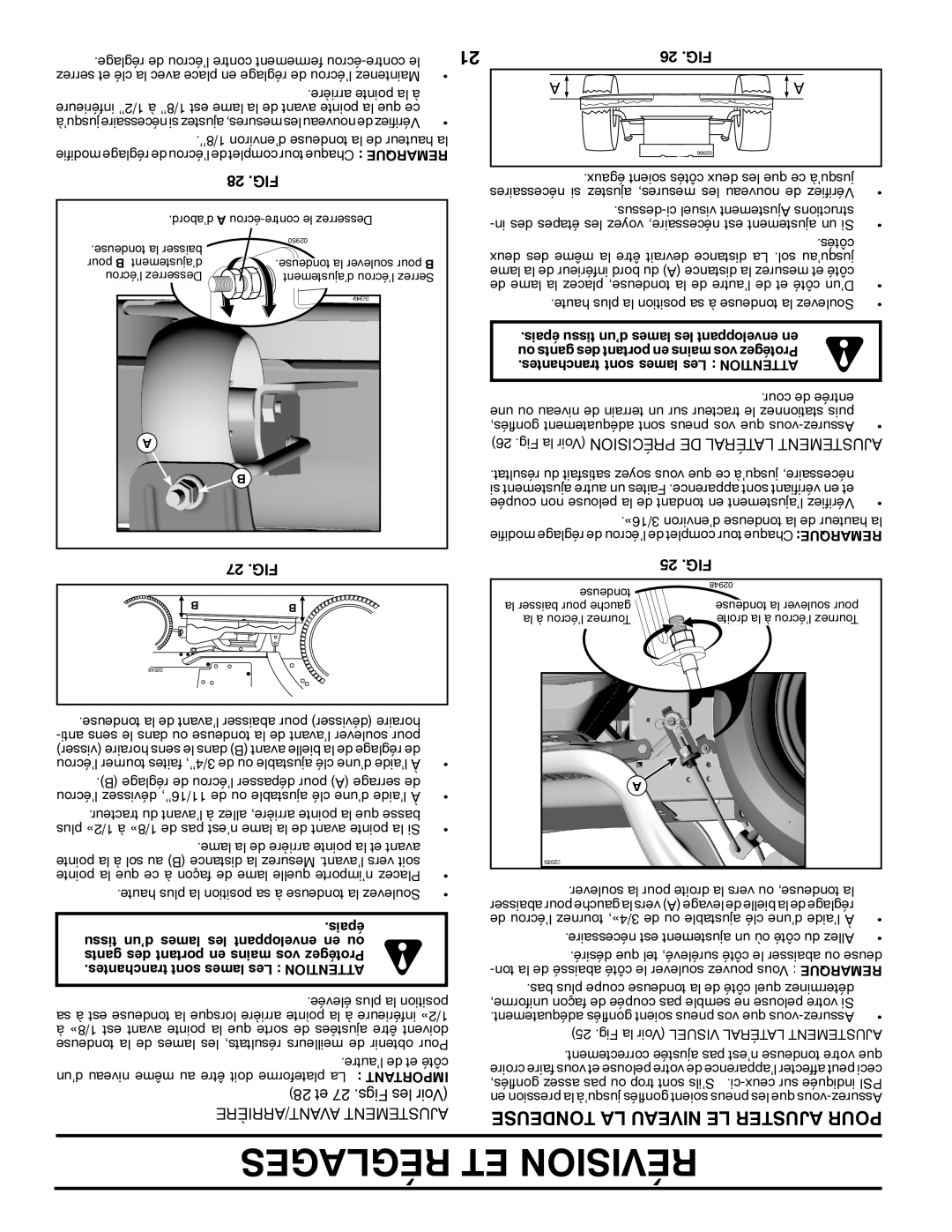 Poulan 96042003402, 419055 owner manual Tondeuse LA Niveau LE Ajuster Pour, 28 .FIG, 26 .FIG, 27 .FIG, 25 .FIG 