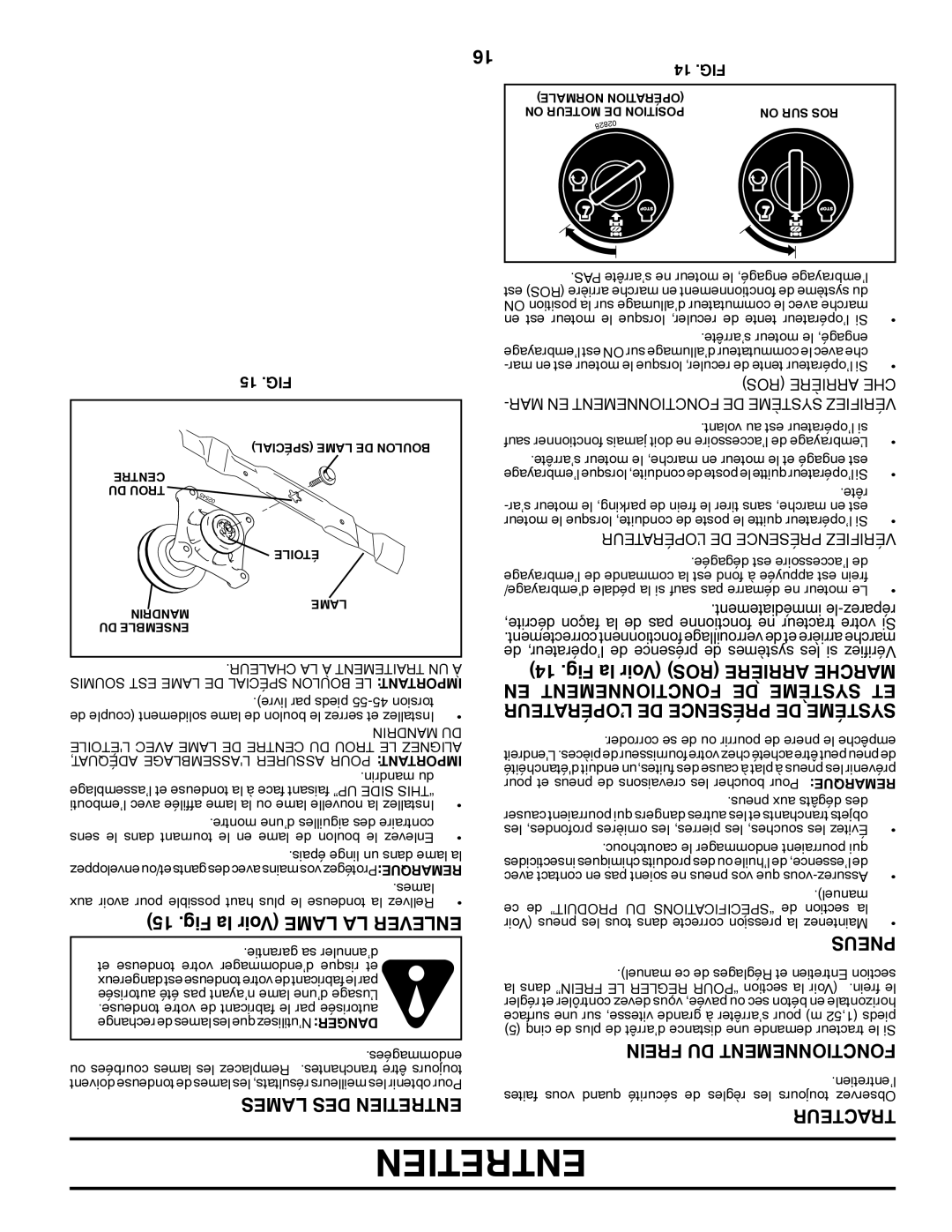 Poulan 419055, 96042003402 owner manual Fig la Voir Lame LA Enlever, Lames DES Entretien, Pneus, Frein DU Fonctionnement 