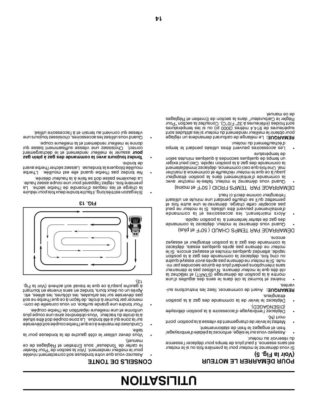 Poulan 419055, 96042003402 owner manual Utilisation, Tonte DE Conseils, Moteur LE Démarrer Pour, 13 .FIG, Disengaged 