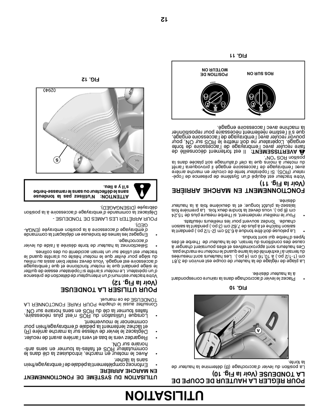 Poulan 419055, 96042003402 owner manual Arrière Marche EN Fonctionnement, Tondeuse LA Utiliser Pour, Fig, 10 .FIG 