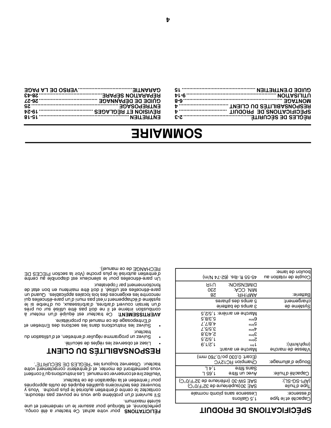 Poulan 419055, 96042003402 owner manual Sommaire, Garantie, U1R Dimension, Cca .Min Amp/Hr, Sl-Sg-Api 