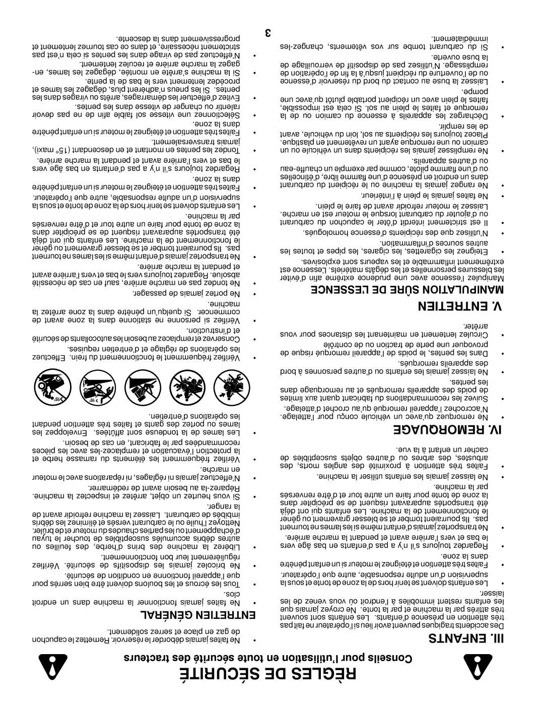 Poulan 96042003402, 419055 owner manual Général Entretien, Tracteurs des sécurité toute, En l’utilisation pour Conseils 