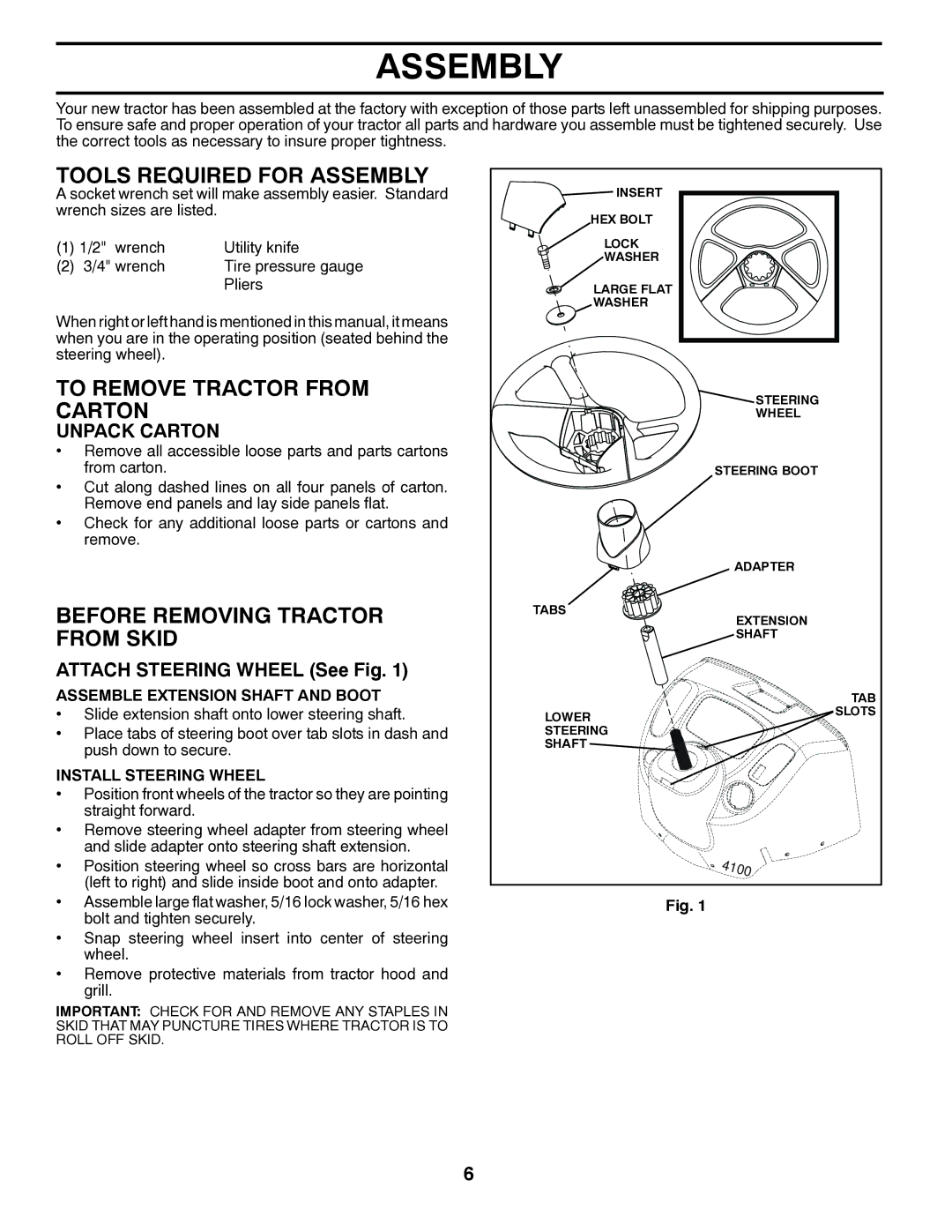 Poulan 96042003402 Tools Required for Assembly, To Remove Tractor from Carton, Before Removing Tractor from Skid 