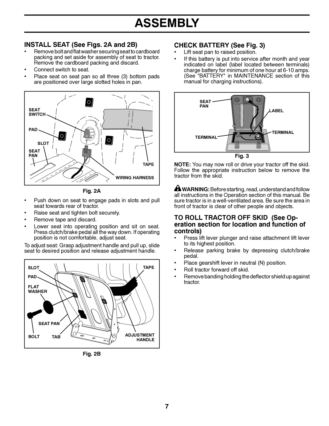 Poulan 419055, 96042003402 owner manual Install Seat See Figs a and 2B, Check Battery See Fig 