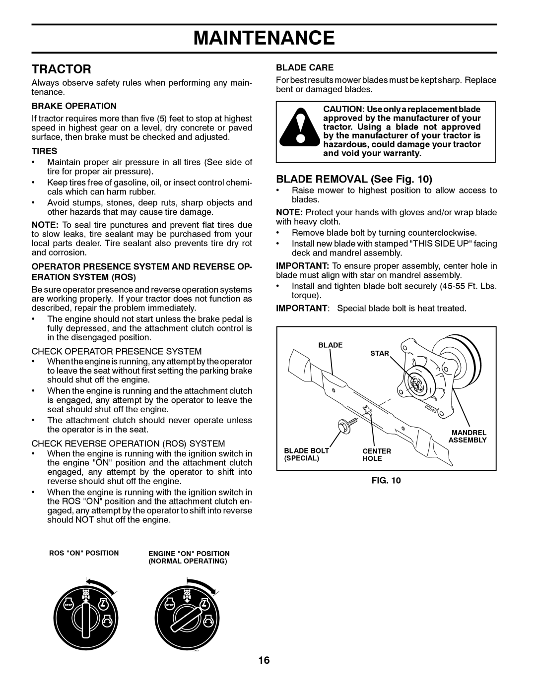 Poulan 96042003501 Tractor, Blade Removal See Fig, Check Operator Presence System, Check Reverse Operation ROS System 