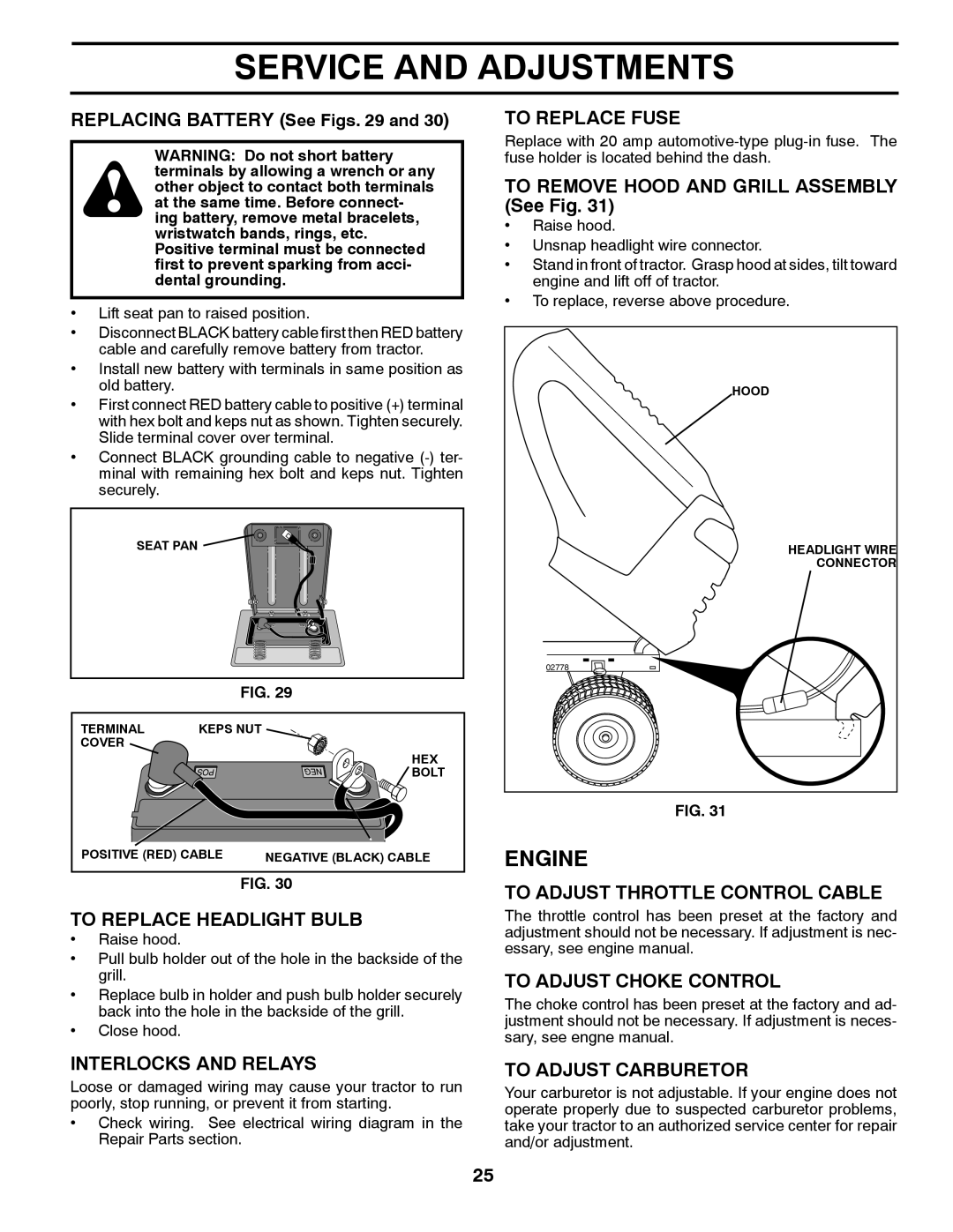 Poulan 413437 manual To Replace Headlight Bulb, Interlocks and Relays, To Replace Fuse, To Adjust Throttle Control Cable 