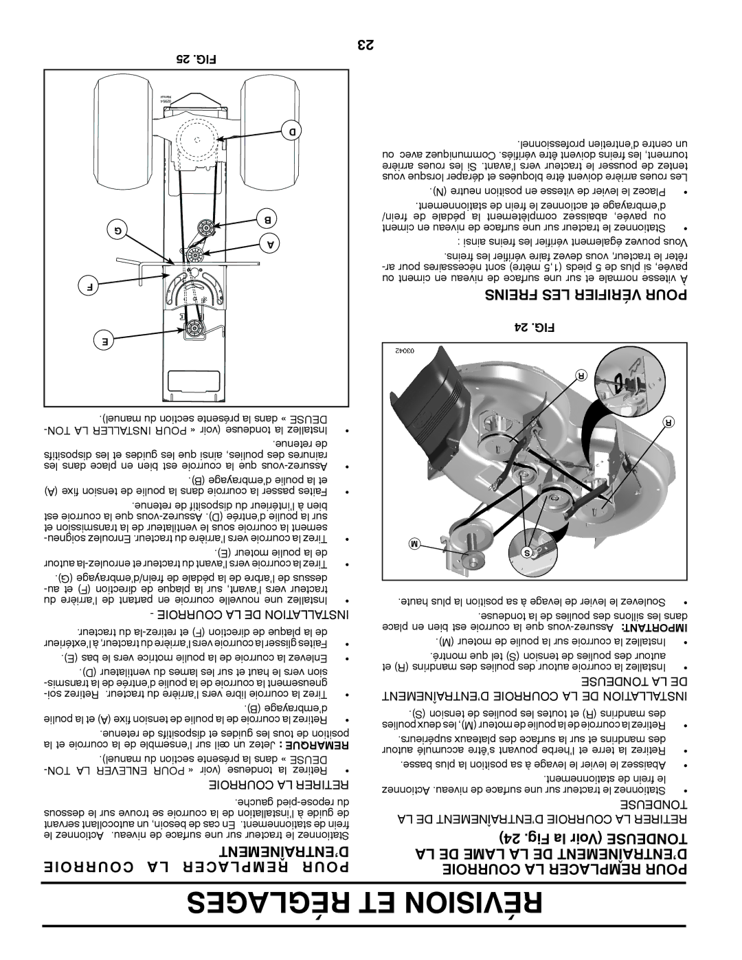 Poulan 96042003501, 413437 manual Courroie Acer Rempl Pour, ’Entraînement, Freins LES Vérifier Pour, 25 .FIG, 24 .FIG 