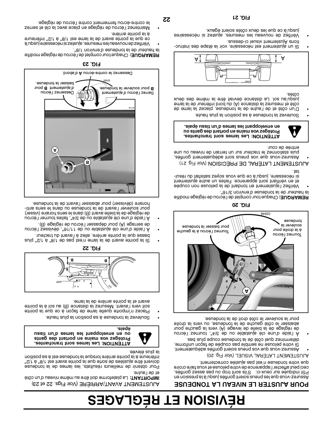 Poulan 413437, 96042003501 manual Tondeuse LA Niveau LE Ajuster Pour, 23 .FIG, 22 .FIG, 21 .FIG, 20 .FIG 