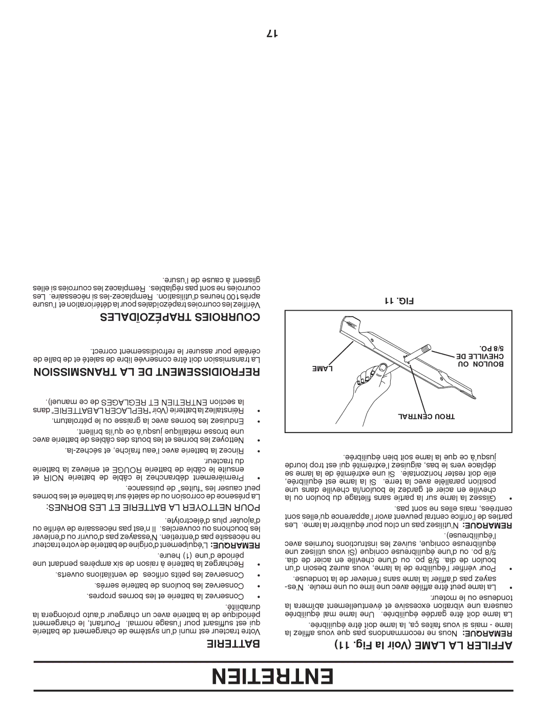 Poulan 96042003501 manual Transmission LA DE Refroidissement, Fig la Voir Lame LA Affiler, Trapézoïdales Courroies, 11 .FIG 