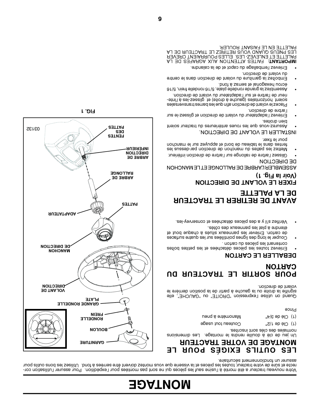 Poulan 413437 manual DU Tracteur LE Sortir Pour, Pour Exigés Outils LES, Tionrecdi DE Volant LE Fixer, Carton LE Deballer 