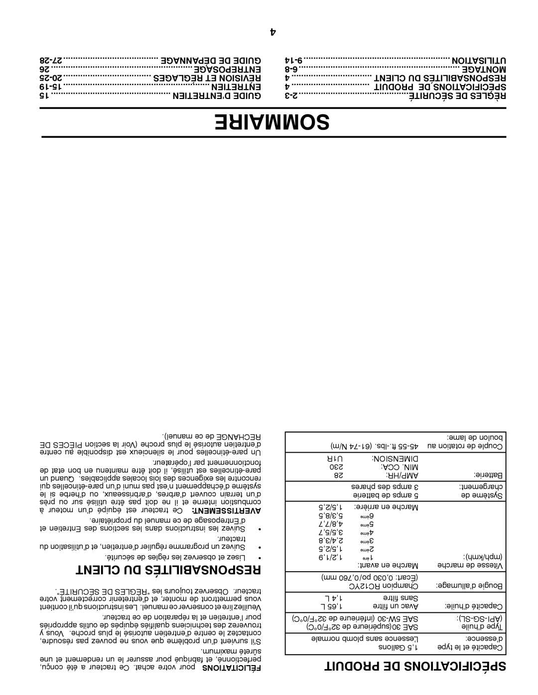 Poulan 413437, 96042003501 manual Sommaire, 28-27 Dépannage DE Guide, 25-20 Réglages ET Révision 