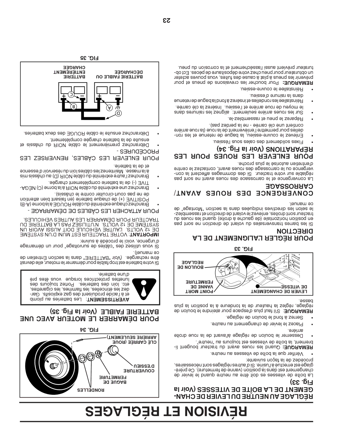 Poulan 96042003503 manual Fig la Voir Tionsraparé LES Pour Roues LES Enlever Pour, Carrossage AVANT/ Roues DES Convergence 