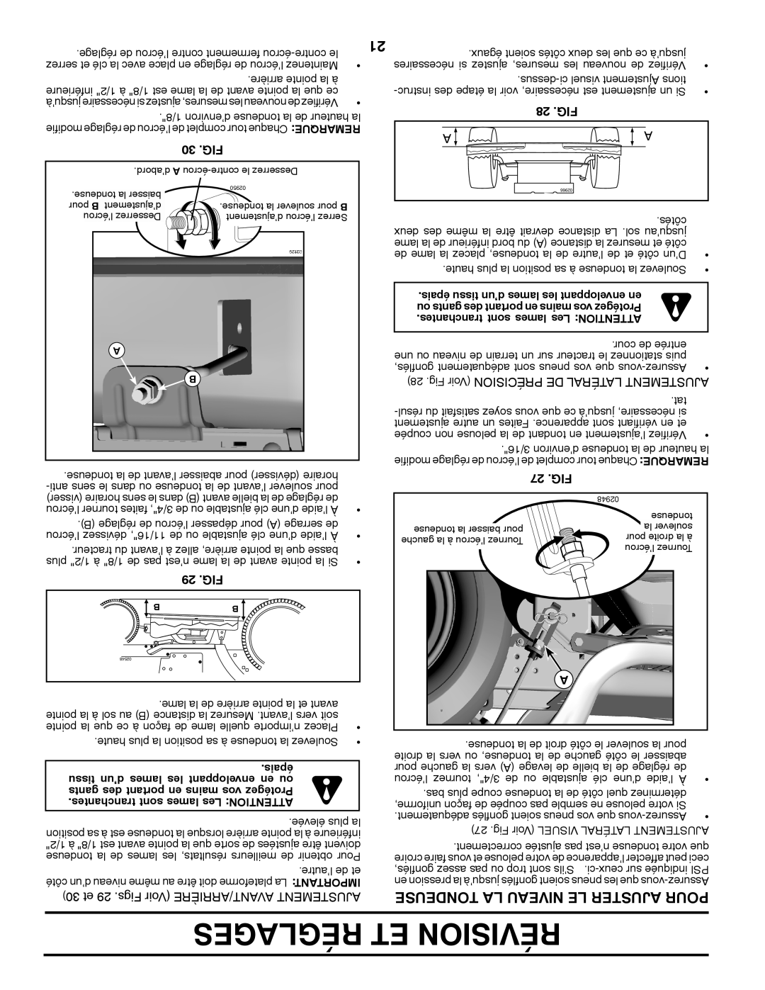 Poulan 96042003503 manual Tondeuse LA Niveau LE Ajuster Pour, 30 .FIG, 29 .FIG, 28 .FIG, 27 .FIG 