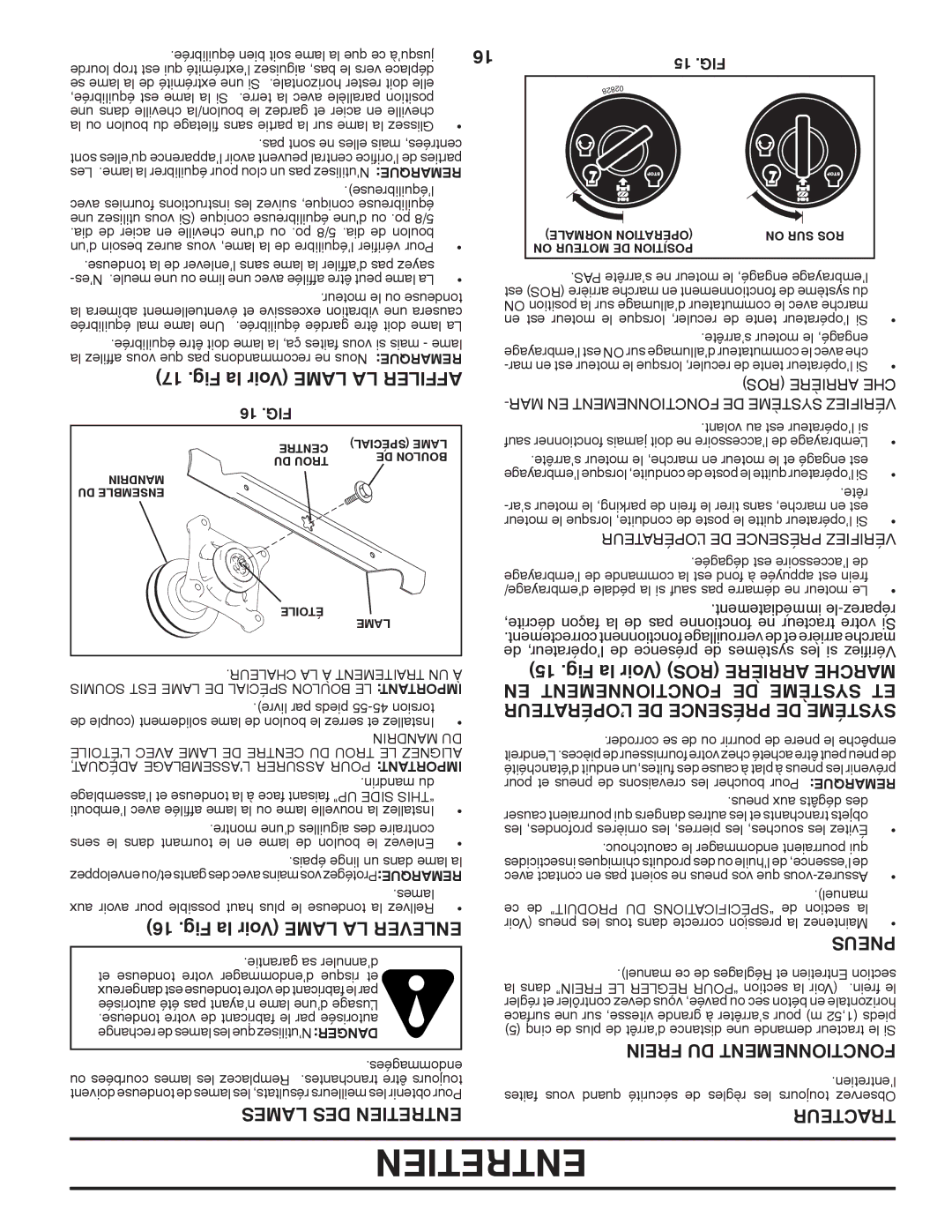 Poulan 96042003503 manual Fig la Voir Lame LA Affiler, Fig la Voir Lame LA Enlever, Lames DES Entretien, Pneus 