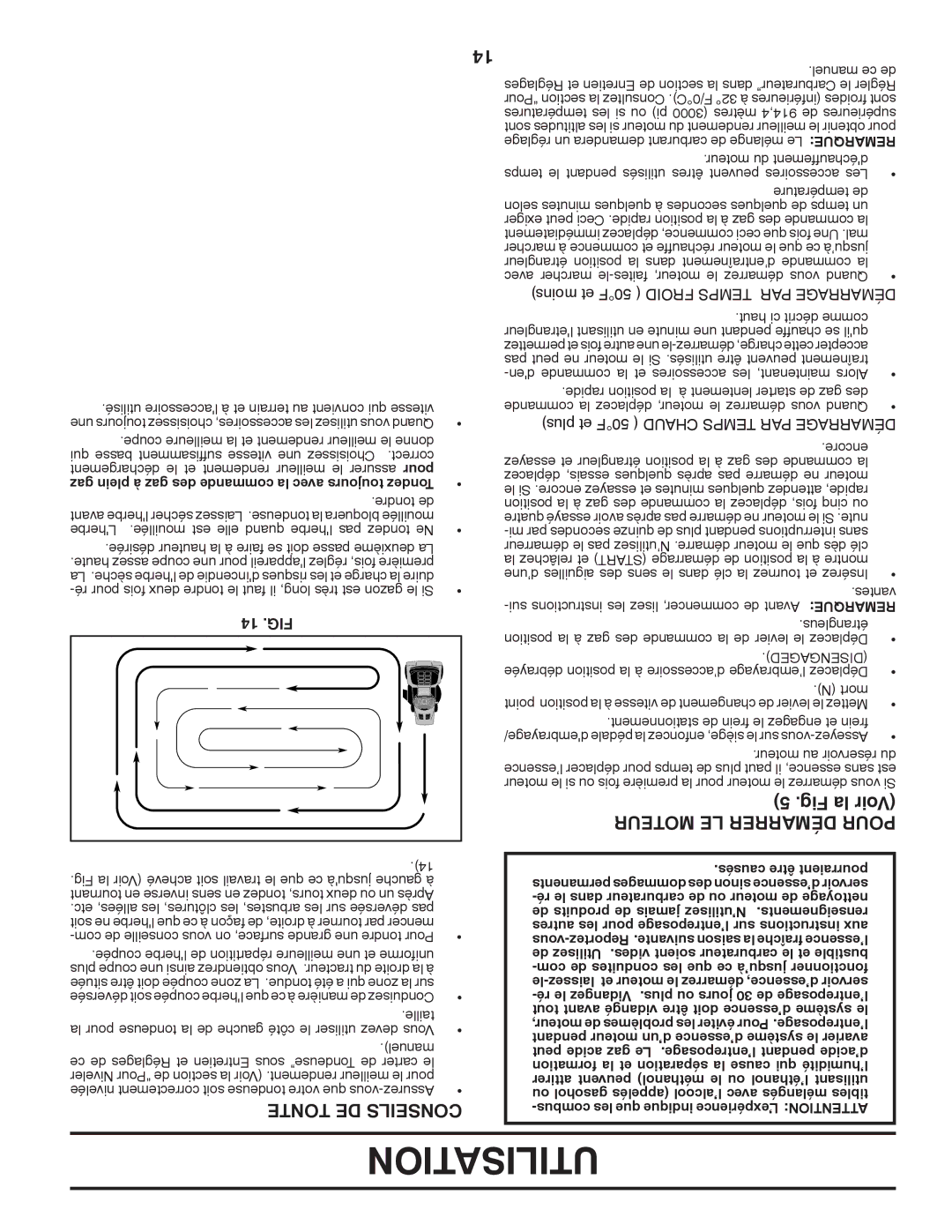 Poulan 96042003503 manual Utilisation, Moteur LE Démarrer Pour, Tonte DE Conseils, 14 .FIG, Disengaged 