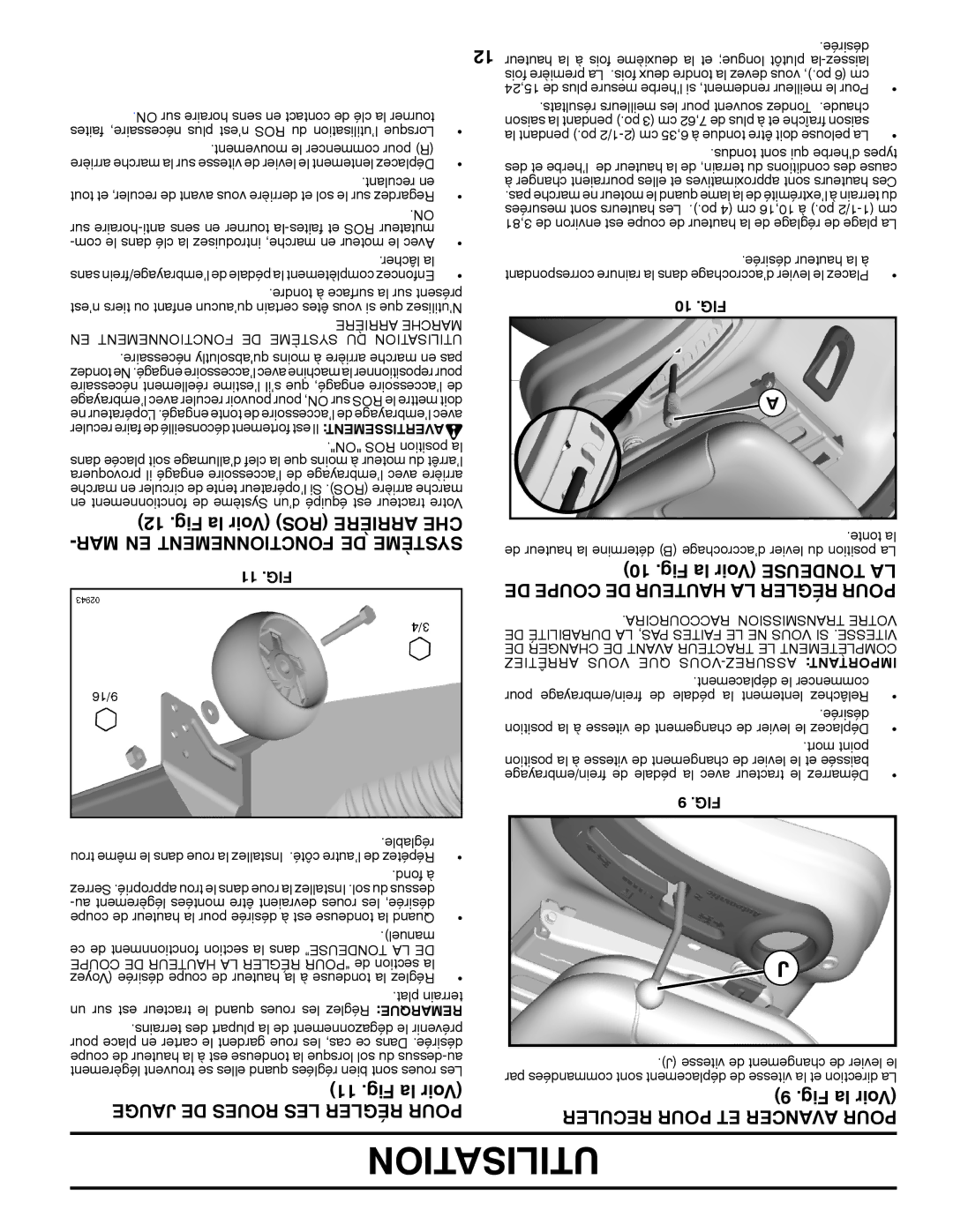 Poulan 96042003503 manual Fig la Voir Reculer Pour ET Avancer Pour, Jauge DE Roues LES Régler Pour, 11 .FIG, 10 .FIG 