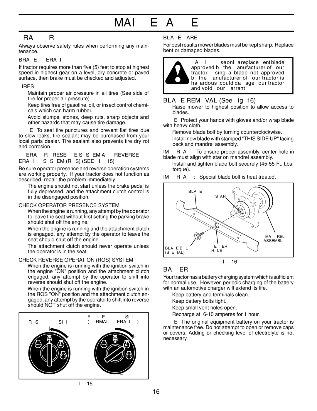 Poulan 96042003505 manual Tractor, Blade Removal See Fig, Battery, Check Operator Presence System 